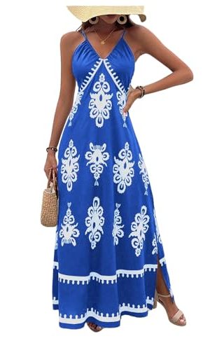 Women's Summer Printed Maxi Dress V Neck Spaghetti Strap Split Flowy Cami Dresses Sundress