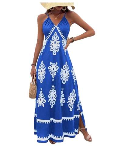 Women's Summer Printed Maxi Dress V Neck Spaghetti Strap Split Flowy Cami Dresses Sundress