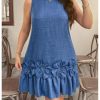 Women's Plus Size Ruffle Hem Tank Dress Crew Neck Sleeveless 3D Flower Summer Short Dresses