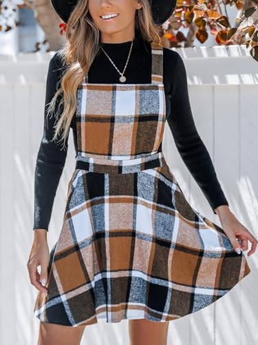 Women's Overall Dress Square Neck Plaid Sleeveless Casual Short A Line Cute Fall Mini Pinafore Dresses