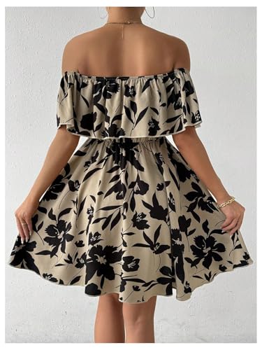 Women's Off The Shoulder Floral Summer Dresses Short Sleeve Ruffle A Line Flowy Short Dress