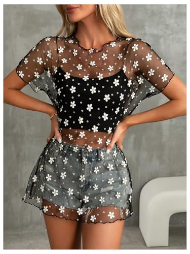 Women's Floral Sheer Mesh Swimsuit Coverups Short Sleeve Mini Beach Dresses