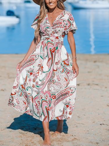 Women's Ruffle Beach Dress Paisley V Neck Short Sleeve Pleated High Waist Maxi Summer Dresses