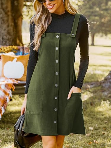 Casual Dresses for Women Square Neck Button Front Sleeveless Pockets A Line Mini Overall Dress