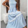 Women's Summer Long Dress Casual Boho Striped Sleeveless Smocked Tiered Ruffle Sundress