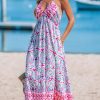 Women Backless Floral Summer Dress Plunging V Halter Neck Spaghetti Strap Ruffle Casual Beach Holiday Maxi Dress