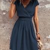 Women's Short Batwing Sleeve Cross Wrap V-Neck A-line Casual Swing Dress Plain Shirred Flared Short Dress