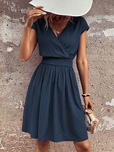 Women's Short Batwing Sleeve Cross Wrap V-Neck A-line Casual Swing Dress Plain Shirred Flared Short Dress