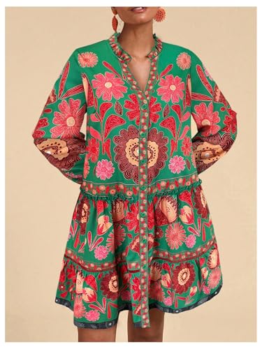 Women's Floral Print Summer Short Dresses Boho Beach Long Sleeve Button Down Flowy Smock Dress