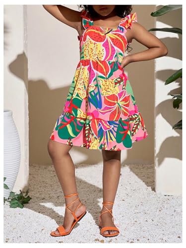 Girl's Summer Dresses Square Neck Ruffle Sleeveless Vacation Short Flared Dress