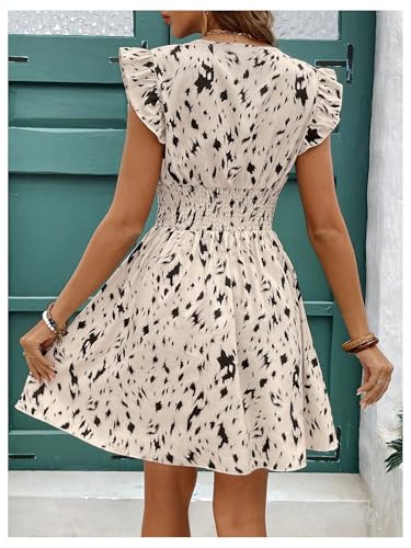 Women's Ruffle Cap Sleeve Ruched Summer Dress V Neck A Line Mini Sun Dresses
