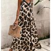 Women's Leopard Print Maxi Dress V Neck Spaghetti Strap Flowy Long Vacation Summer Dresses