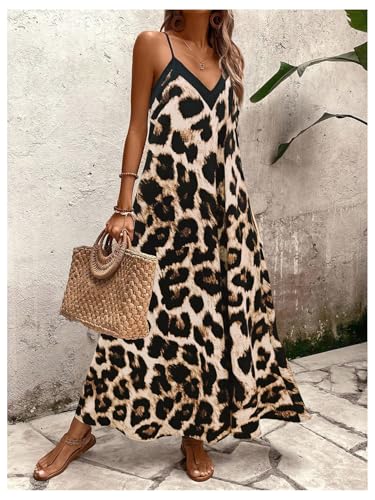 Women's Leopard Print Maxi Dress V Neck Spaghetti Strap Flowy Long Vacation Summer Dresses