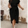 Women's Plus Size Wrap Long Dress Dolman Sleeve Crew Neck Belted Casual Dresses