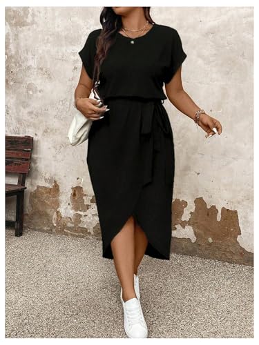 Women's Plus Size Wrap Long Dress Dolman Sleeve Crew Neck Belted Casual Dresses