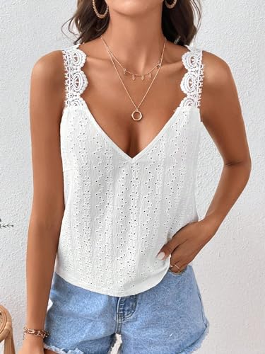 Women's Contrast Lace Backless Tank Top V Neck Sleeveless Shirts Top