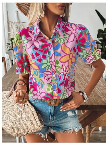 Women's Floral Print Button Down Blouse Ruffle Short Puff Sleeve Boho Tops