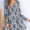 Women's Mini Dress Smocked V Neck Long Sleeve Empire Waist Casual A Line Dress