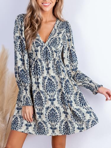 Women's Mini Dress Smocked V Neck Long Sleeve Empire Waist Casual A Line Dress