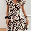 Women's Leopard Print Mini Dress Short Sleeve V Neck Ruffle A Line Flowy Summer Dresses