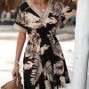 Women's Floral Print Short Sleeve V Neck Dress Casual Summer Lace Trim A Line Short Dresses
