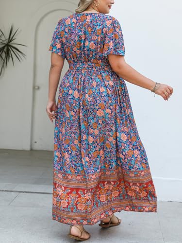 Women's Plus Size Summer Dress V Neck Short Ruffle Sleeves Flowy X Line Maxi Dress Wide Belt