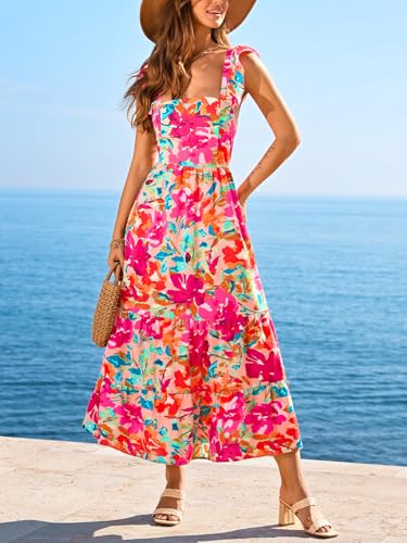 Women's Floral Square Neck Sleeveless Ruffle Trim Backless Tie Twisted Summer Beach Maxi Dress