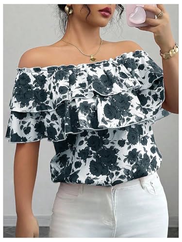 Women's Off The Shoulder Ruffle Short Sleeve Floral Print Summer Blouse Tops