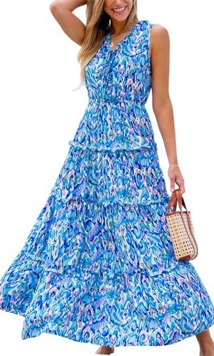 Women's Maxi Dress Ruffled V Neck Abstract Printed Sleeveless Self Tie A Line Long Summer Formal Dress