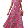 Women's Summer Dress Boho Floral Ruffle Sleeve V Neck Flowy Beach Maxi Dresses
