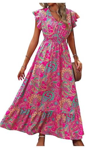 Women's Summer Dress Boho Floral Ruffle Sleeve V Neck Flowy Beach Maxi Dresses