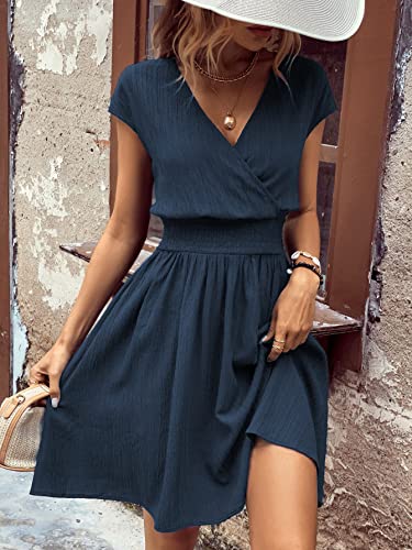 Women's Short Batwing Sleeve Cross Wrap V-Neck A-line Casual Swing Dress Plain Shirred Flared Short Dress