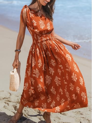 Women's One Shoulder Floral Printed Sleeveless Smocked Waist Maxi Dress Summer Boho Long Dress