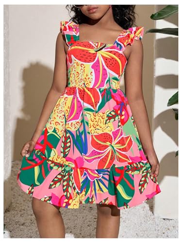 Girl's Summer Dresses Square Neck Ruffle Sleeveless Vacation Short Flared Dress