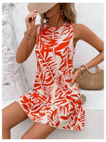 Women's Boho Knot Back Sleeveless Swing Shift Dress Flounce Ruffle Hem Summer Dresses