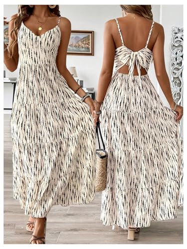 Women's Summer Maxi Dress V Neck Bow Tie Cutout Boho Vacation Ruffle Long Dresses