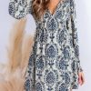 Women's Mini Dress Smocked V Neck Long Sleeve Empire Waist Casual A Line Dress