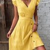 Women's Sleeveless Ruffle Trim V Neck Wrap Dress Button Front A Line Knee Length Dresses