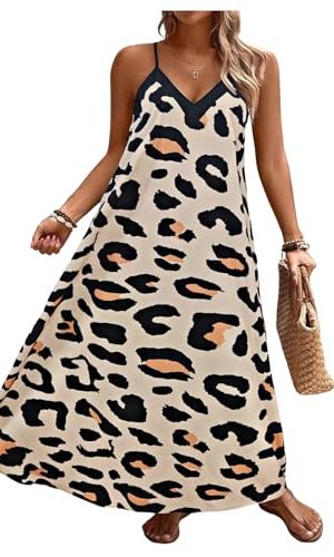 Women's Plus Size Leopard Print Sleeveless Loose Flowy Maxi Cami Dress Summer Going Out Outfits