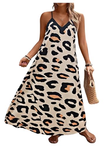Women's Plus Size Leopard Print Sleeveless Loose Flowy Maxi Cami Dress Summer Going Out Outfits