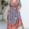 Women's Plus Size Summer Dress V Neck Short Ruffle Sleeves Flowy X Line Maxi Dress Wide Belt