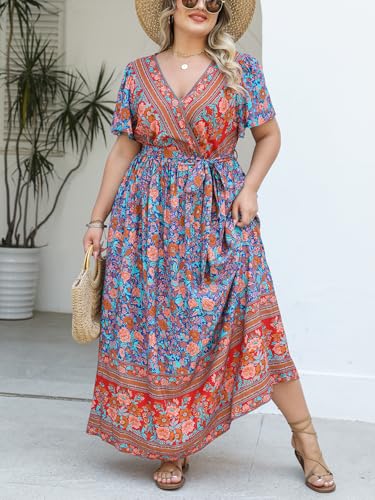 Women's Plus Size Summer Dress V Neck Short Ruffle Sleeves Flowy X Line Maxi Dress Wide Belt
