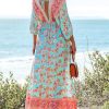 Women's Plunging V Neck Paisley Boho Backless Beach Dress Blouson Sleeve Back Tie Waist Tie Maxi Summer Dresses