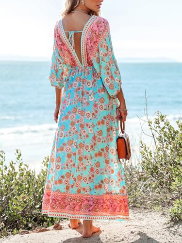 Women's Plunging V Neck Paisley Boho Backless Beach Dress Blouson Sleeve Back Tie Waist Tie Maxi Summer Dresses