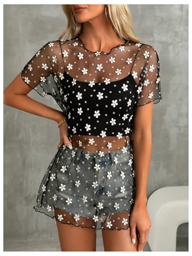 Women's Floral Sheer Mesh Swimsuit Coverups Short Sleeve Mini Beach Dresses