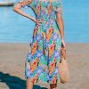Women's Off The Shoulder Ruffled Short Sleeve Smocked Paisley Beach Midi Dress