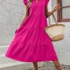 Women's Cap Sleeve Ruffle Hem Long Dress V Neck High Waist Smock Dresses
