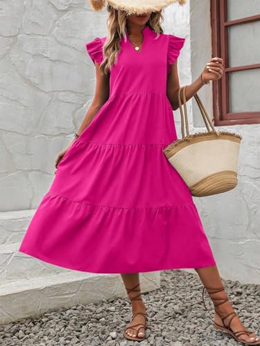 Women's Cap Sleeve Ruffle Hem Long Dress V Neck High Waist Smock Dresses
