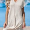 Women Waffle Knit Bathing Suit Cover Up Short Sleeve Twist Hem Swimsuit Coverup for Summer Vacation