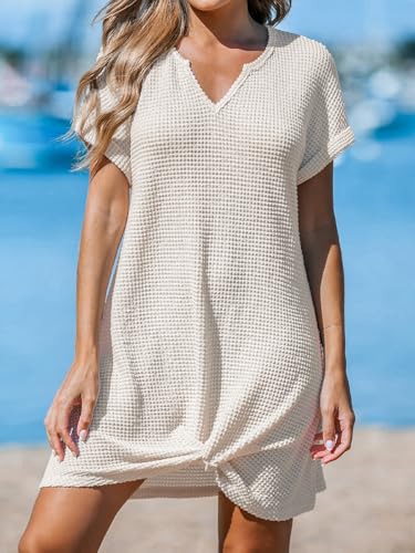 Women Waffle Knit Bathing Suit Cover Up Short Sleeve Twist Hem Swimsuit Coverup for Summer Vacation